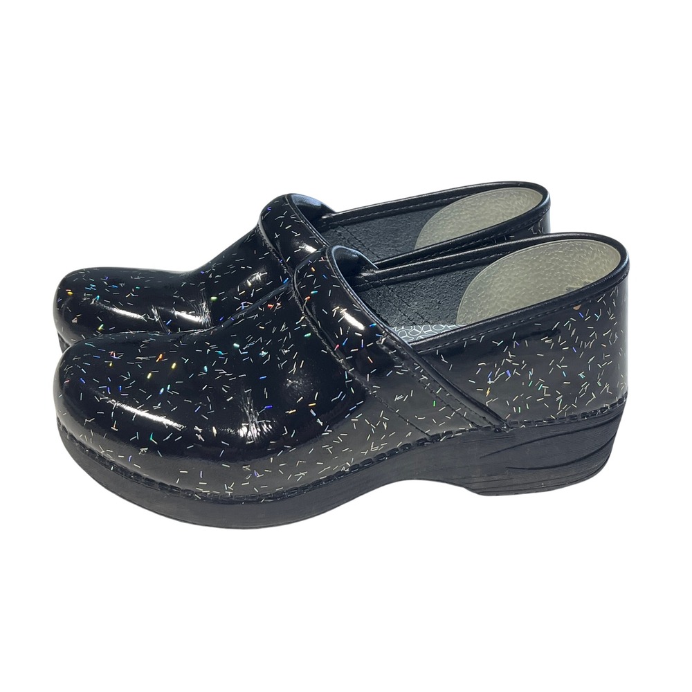 Dansko XP 2.0 Clogs Women 40 Black Glitter Patent Leather Rainbow Flecks Sparkle